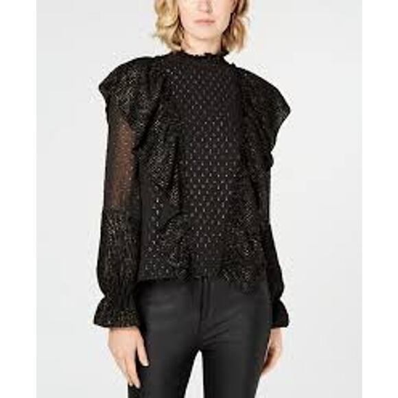 Rachel Zoe Sienna Black Gold Ruffle Fil Coupe Long Sleeve Blouse F18T281 Small 4 - Picture 2 of 7